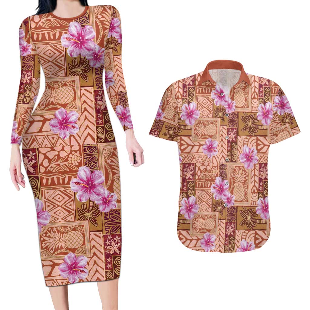 Orange Hawaii Hibiscus With Tropical Flowers Motifs Couples Matching Long Sleeve Bodycon Dress and Hawaiian Shirt - Polynesian Pride