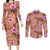 Orange Hawaii Hibiscus With Tropical Flowers Motifs Couples Matching Long Sleeve Bodycon Dress and Long Sleeve Button Shirt - Polynesian Pride