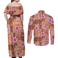 Orange Hawaii Hibiscus With Tropical Flowers Motifs Couples Matching Off Shoulder Maxi Dress and Long Sleeve Button Shirt - Polynesian Pride