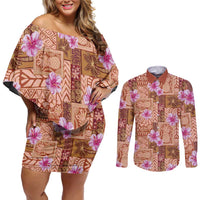 Orange Hawaii Hibiscus With Tropical Flowers Motifs Couples Matching Off Shoulder Short Dress and Long Sleeve Button Shirt - Polynesian Pride