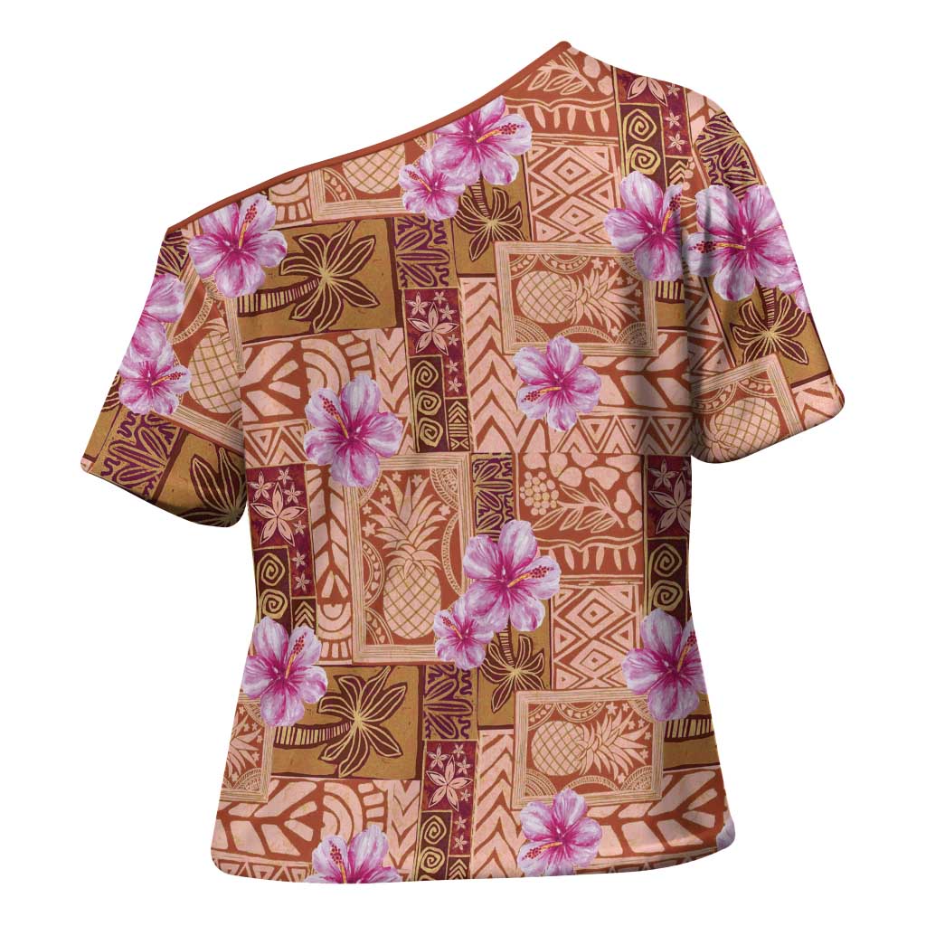 Orange Hawaii Hibiscus With Tropical Flowers Motifs Cross Shoulder Shirt - Polynesian Pride