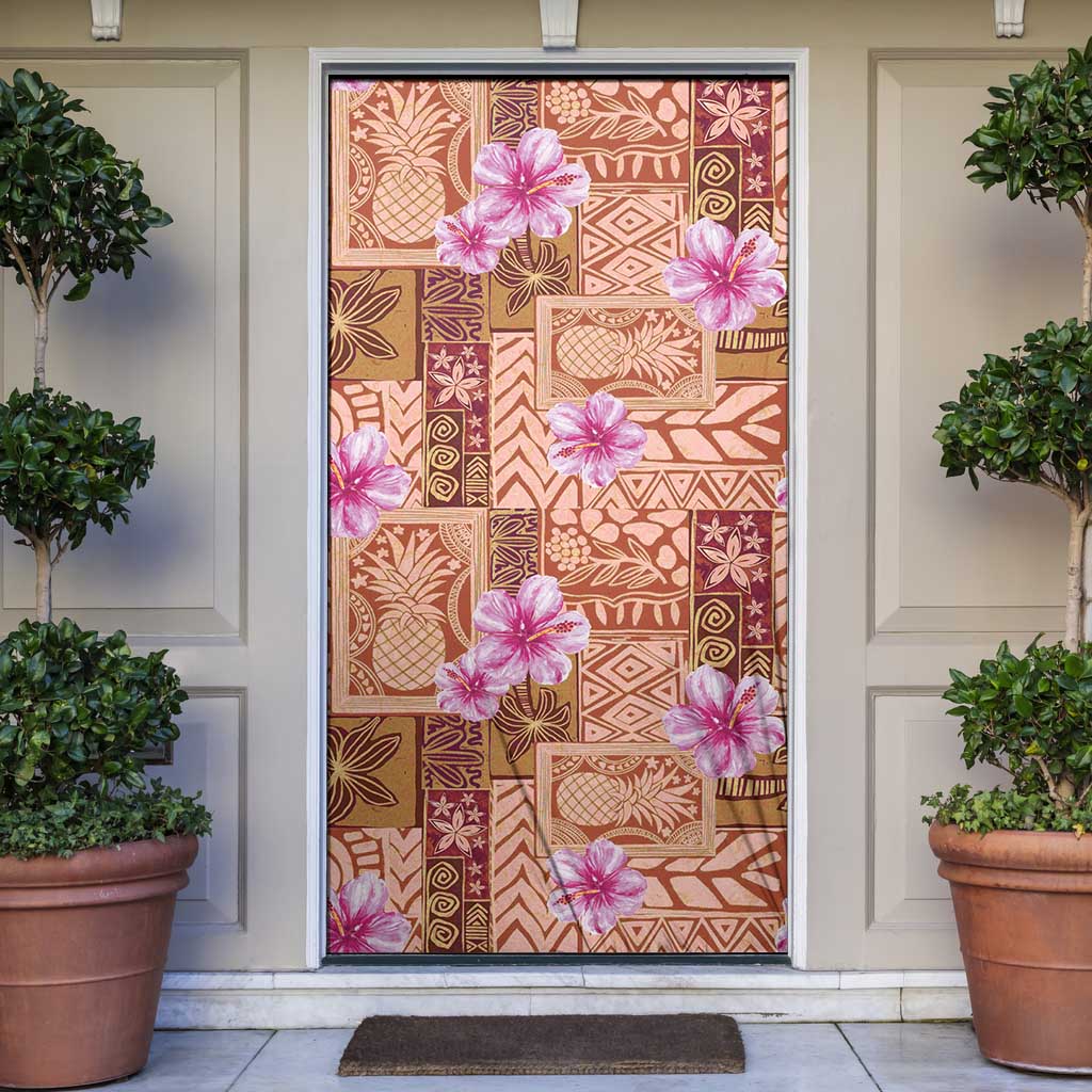 Orange Hawaii Hibiscus With Tropical Flowers Motifs Door Cover - Polynesian Pride