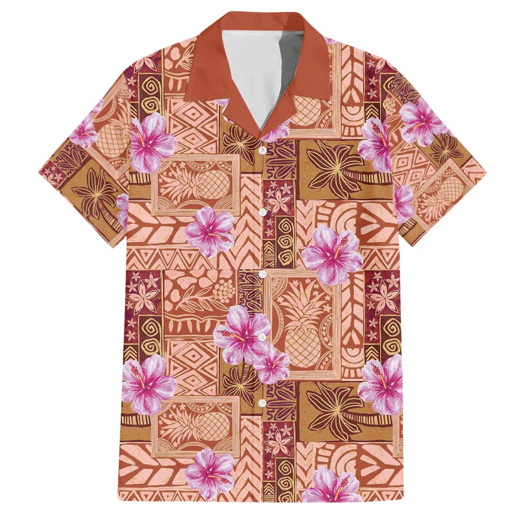 Orange Hawaii Hibiscus With Tropical Flowers Motifs Family Matching Long Sleeve Bodycon Dress and Hawaiian Shirt - Polynesian Pride