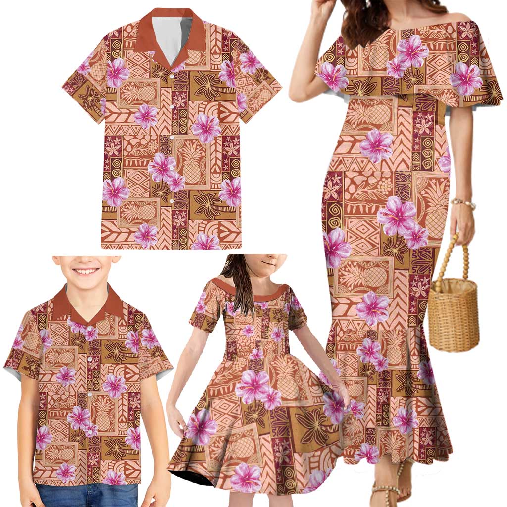 Orange Hawaii Hibiscus With Tropical Flowers Motifs Family Matching Mermaid Dress and Hawaiian Shirt - Polynesian Pride