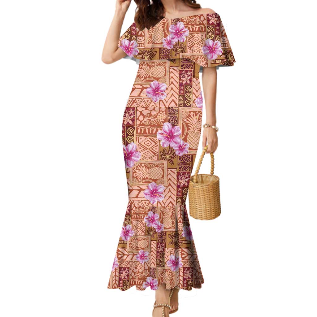 Orange Hawaii Hibiscus With Tropical Flowers Motifs Family Matching Mermaid Dress and Hawaiian Shirt - Polynesian Pride