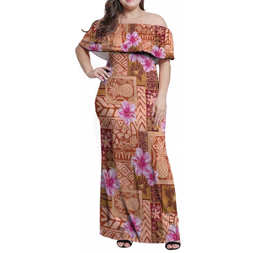 Orange Hawaii Hibiscus With Tropical Flowers Motifs Family Matching Off Shoulder Maxi Dress and Hawaiian Shirt - Polynesian Pride
