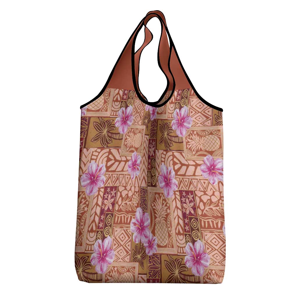 Orange Hawaii Hibiscus With Tropical Flowers Motifs Grocery Bag - Polynesian Pride