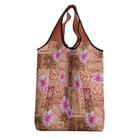 Orange Hawaii Hibiscus With Tropical Flowers Motifs Grocery Bag - Polynesian Pride