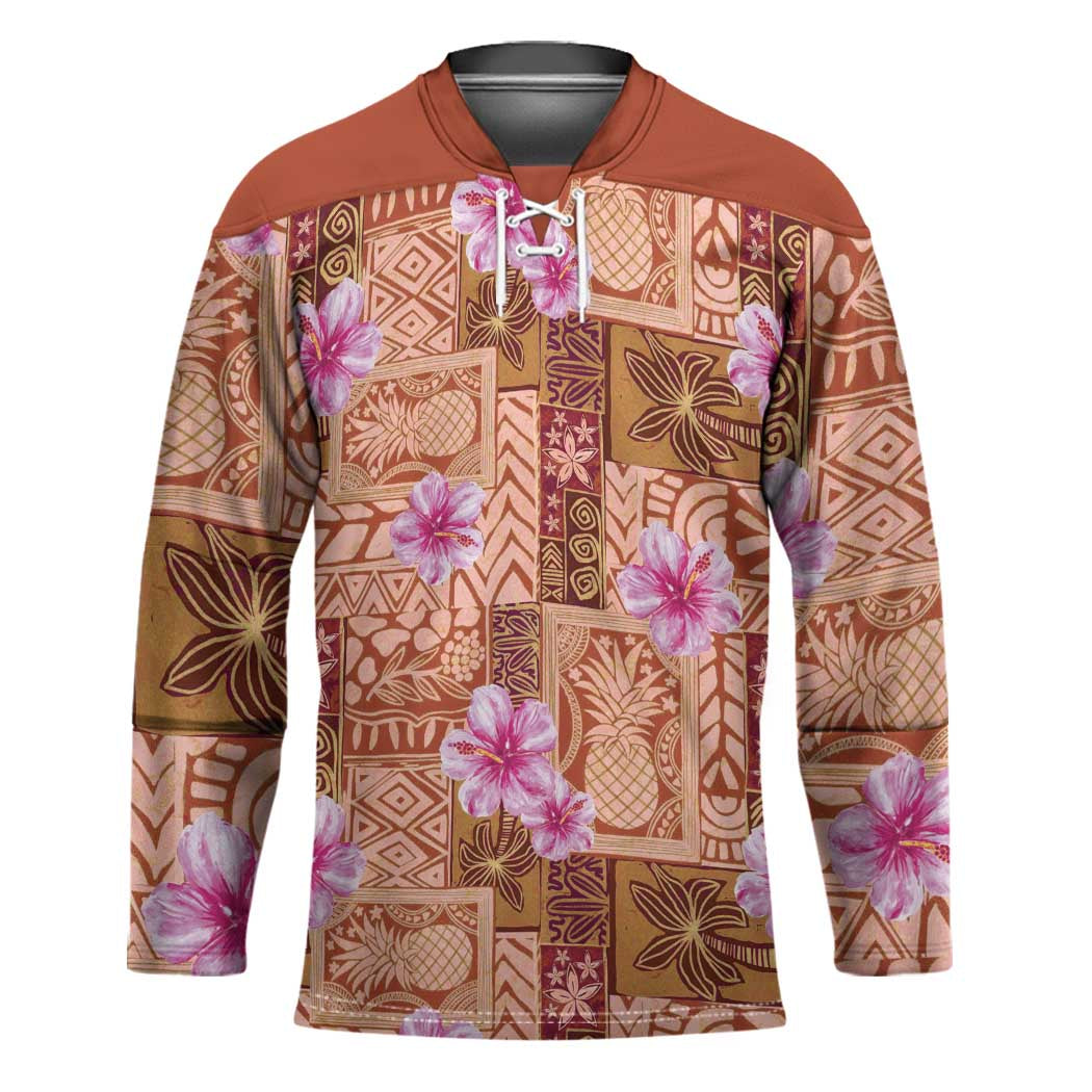 Orange Hawaii Hibiscus With Tropical Flowers Motifs Hockey Jersey - Polynesian Pride