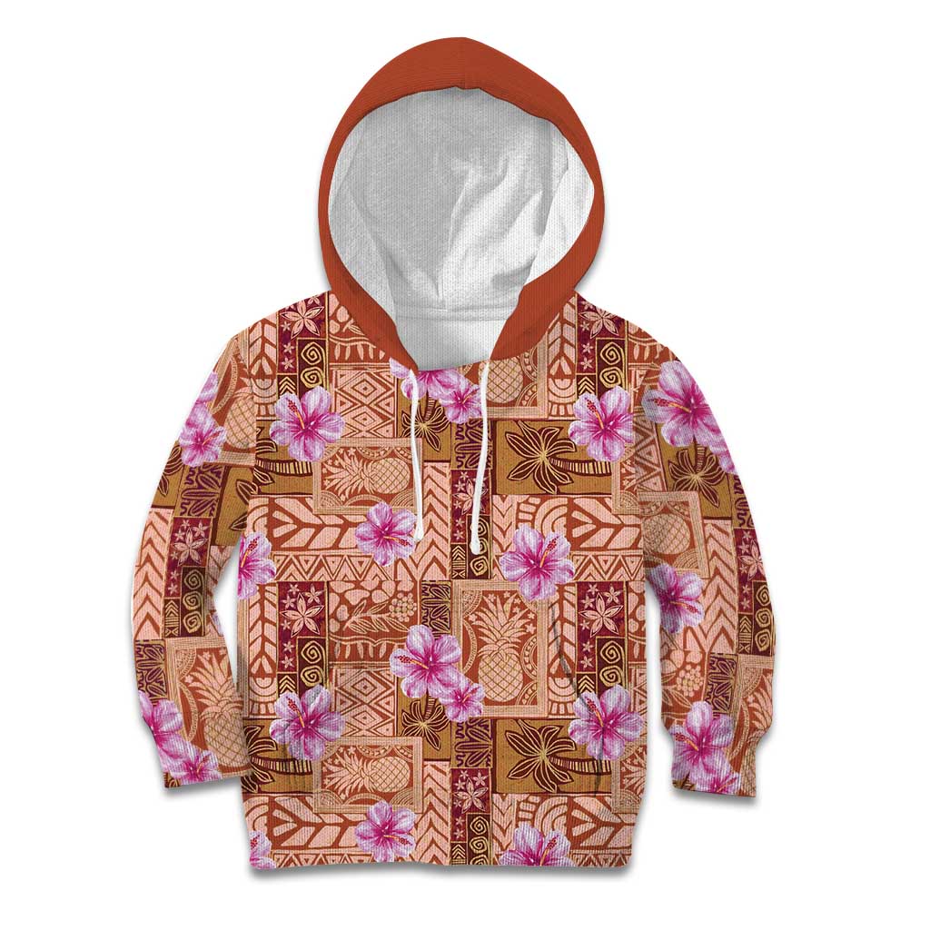 Orange Hawaii Hibiscus With Tropical Flowers Motifs Kid Hoodie - Polynesian Pride