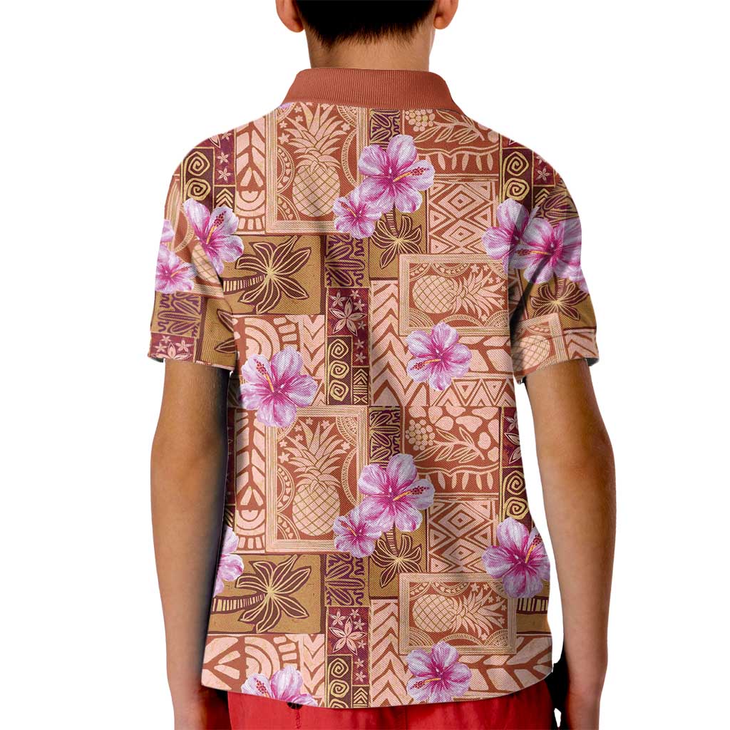 Orange Hawaii Hibiscus With Tropical Flowers Motifs Kid Polo Shirt - Polynesian Pride