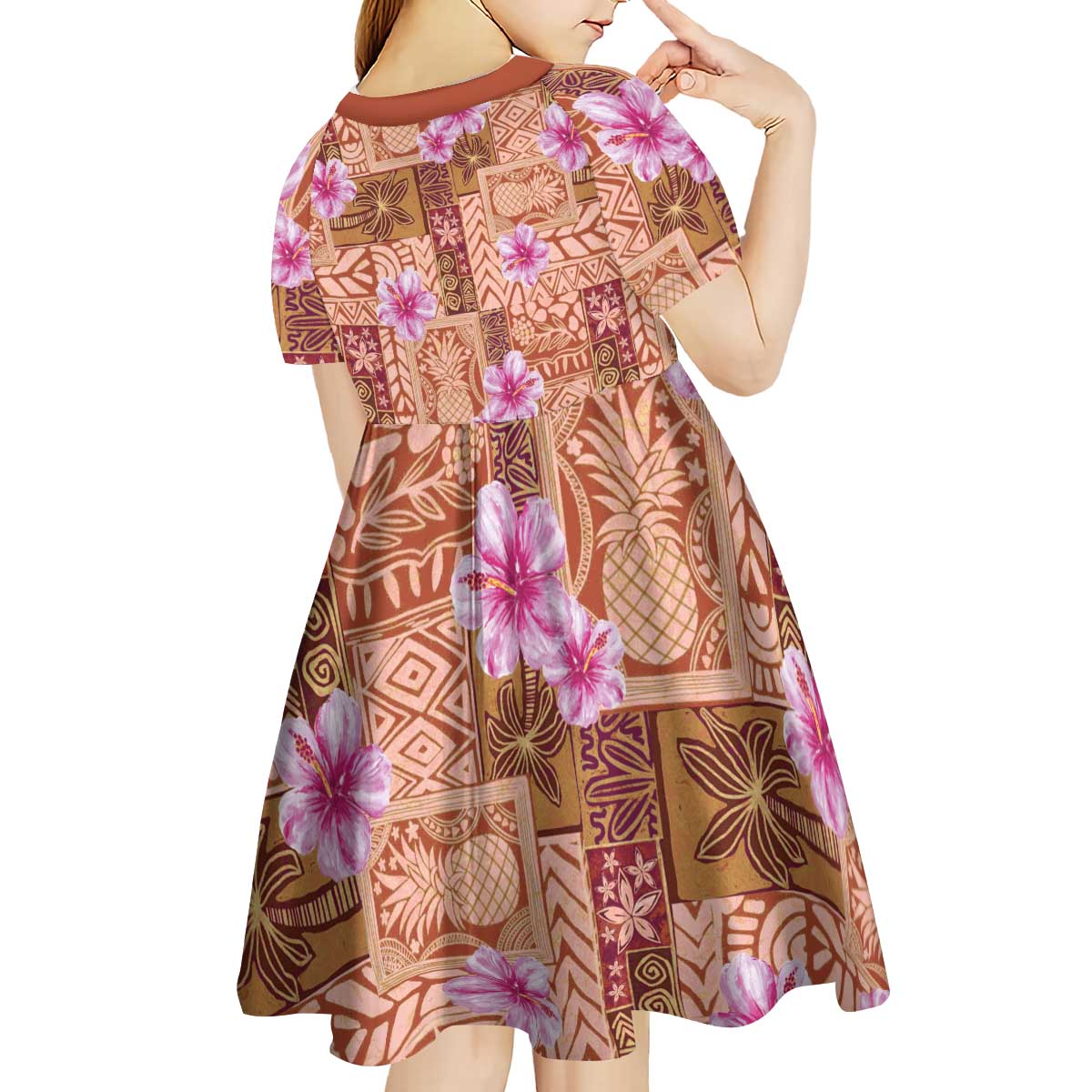 Orange Hawaii Hibiscus With Tropical Flowers Motifs Kid Short Sleeve Dress - Polynesian Pride