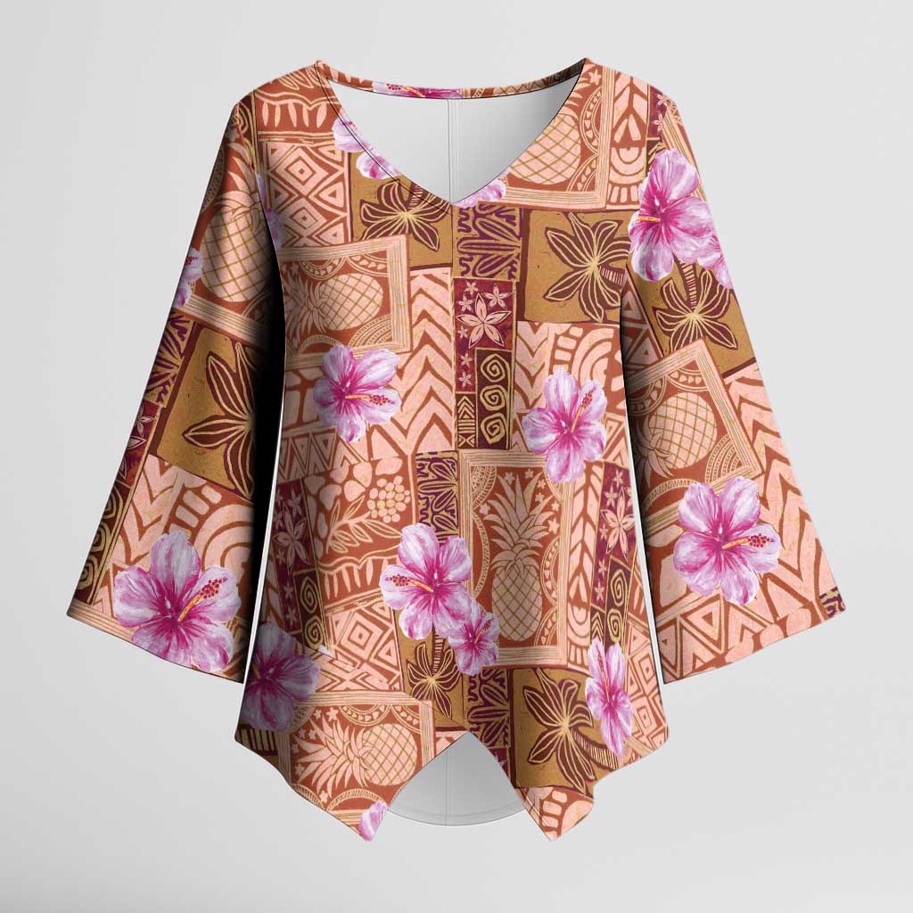 Orange Hawaii Hibiscus With Tropical Flowers Motifs Kimono Sleeve Blouse - Polynesian Pride