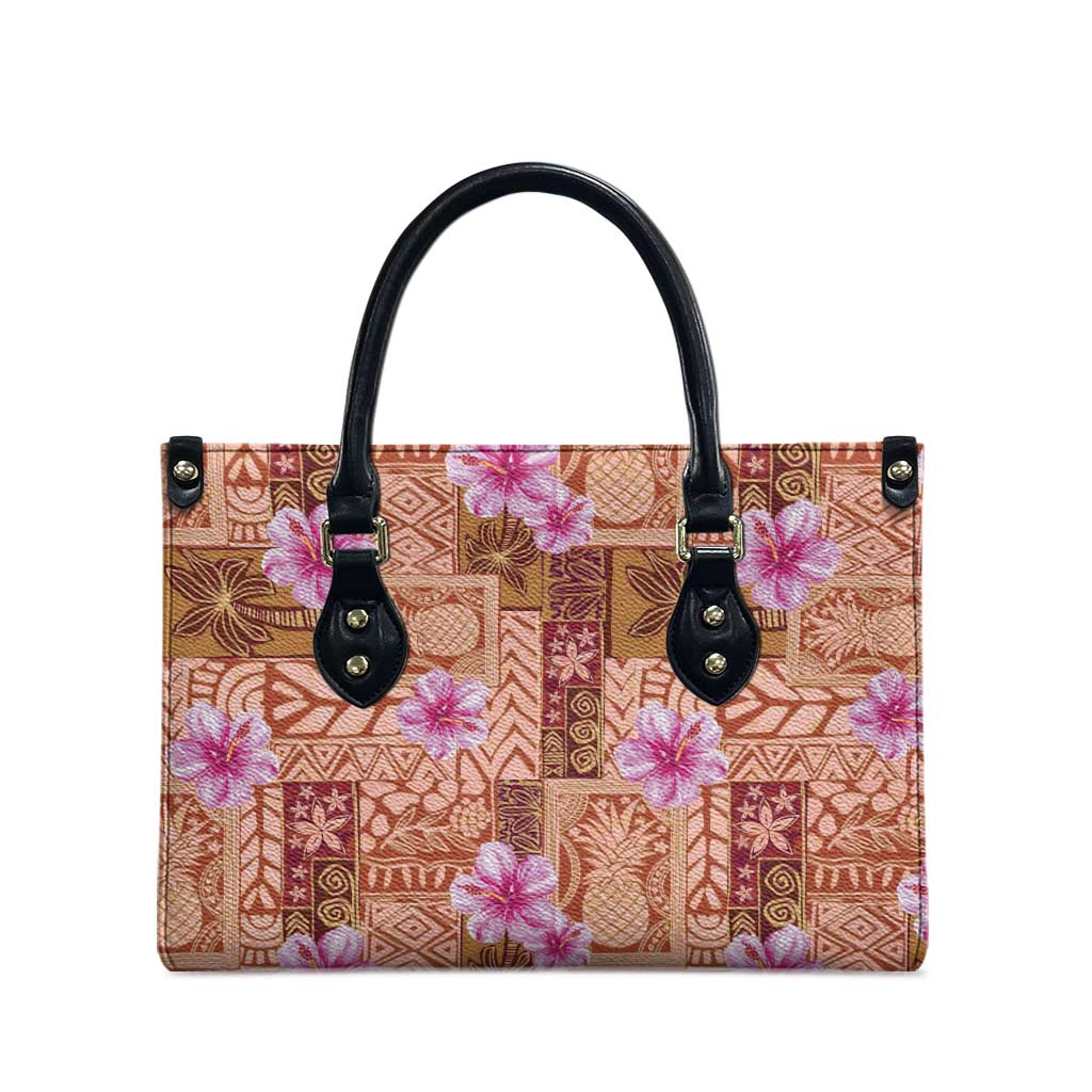Orange Hawaii Hibiscus With Tropical Flowers Motifs Leather Bag - Polynesian Pride