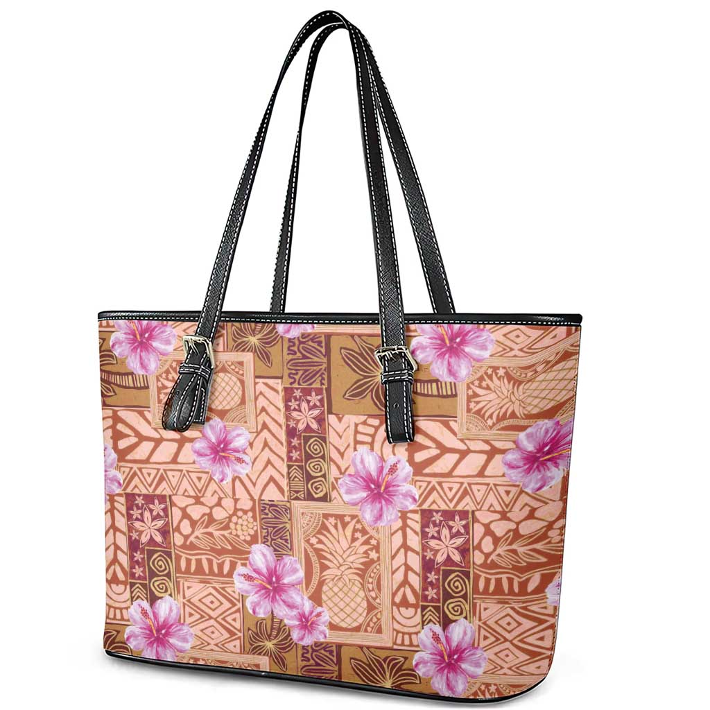 Orange Hawaii Hibiscus With Tropical Flowers Motifs Leather Tote Bag - Polynesian Pride