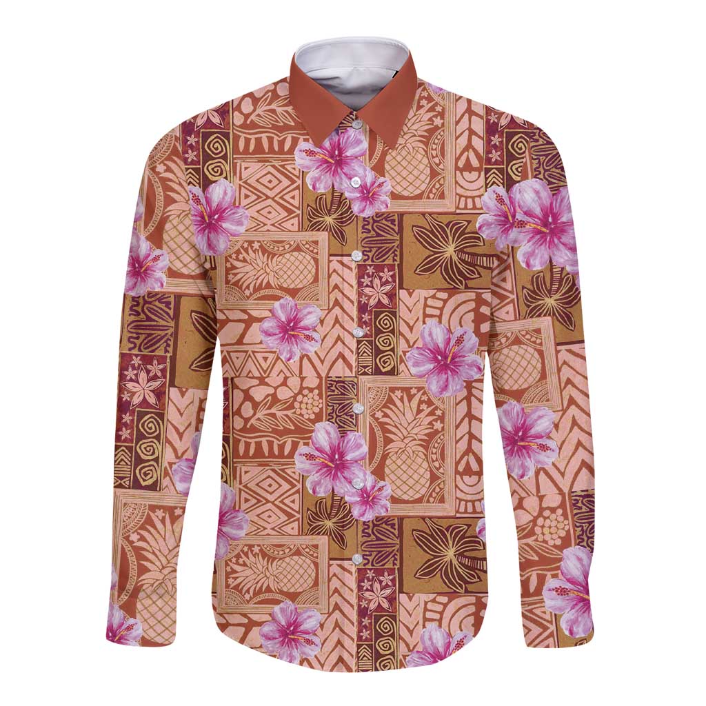 Orange Hawaii Hibiscus With Tropical Flowers Motifs Long Sleeve Button Shirt - Polynesian Pride