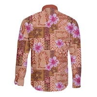 Orange Hawaii Hibiscus With Tropical Flowers Motifs Long Sleeve Button Shirt - Polynesian Pride