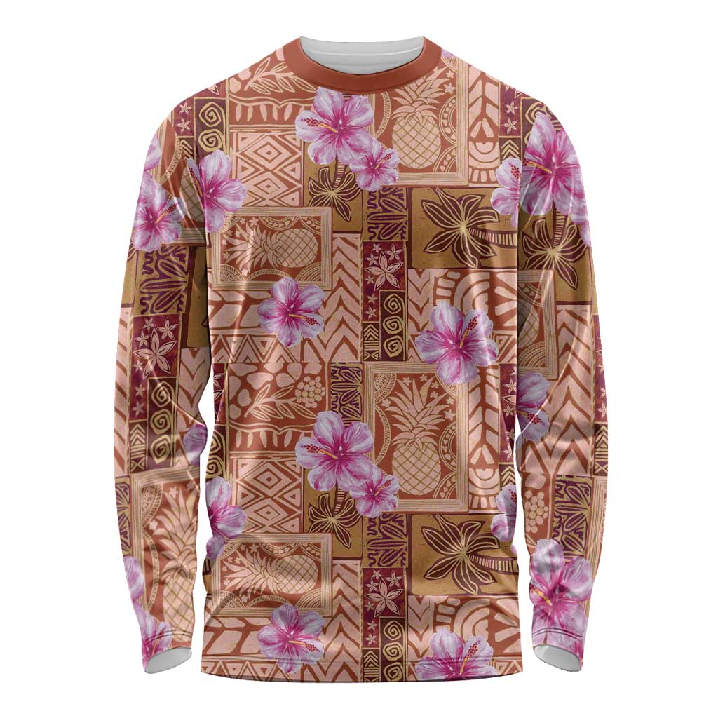 Orange Hawaii Hibiscus With Tropical Flowers Motifs Long Sleeve Shirt - Polynesian Pride