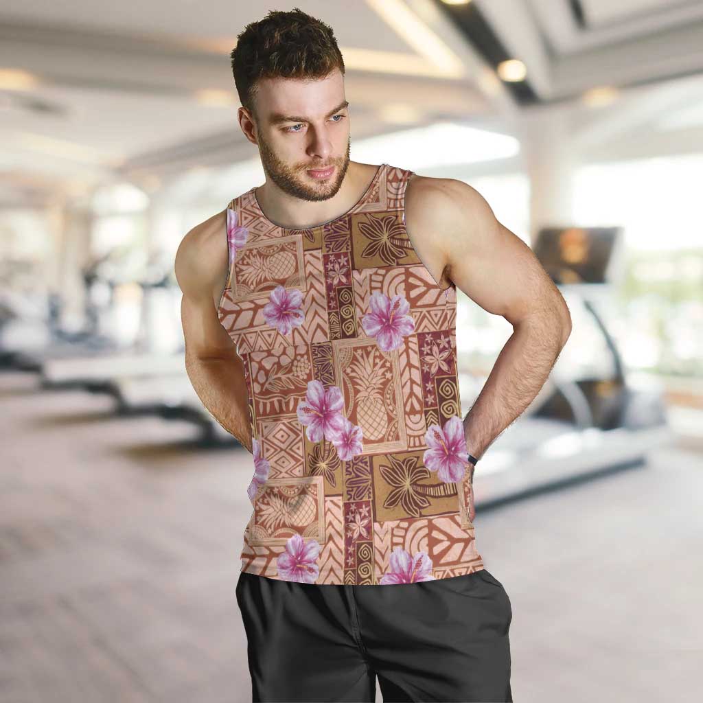 Orange Hawaii Hibiscus With Tropical Flowers Motifs Men Tank Top - Polynesian Pride