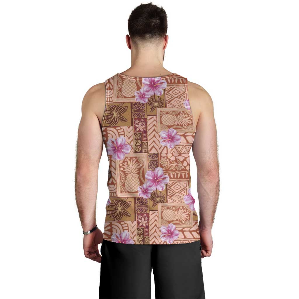 Orange Hawaii Hibiscus With Tropical Flowers Motifs Men Tank Top - Polynesian Pride