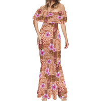 Orange Hawaii Hibiscus With Tropical Flowers Motifs Mermaid Dress - Polynesian Pride