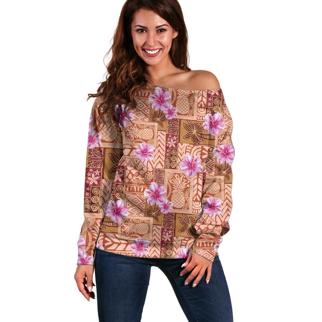 Orange Hawaii Hibiscus With Tropical Flowers Motifs Off Shoulder Sweater - Polynesian Pride