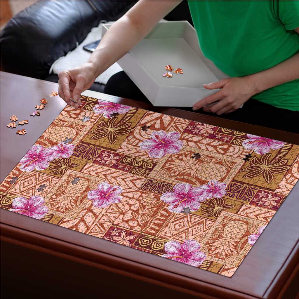 Orange Hawaii Hibiscus With Tropical Flowers Motifs Puzzle - Polynesian Pride