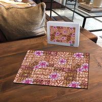 Orange Hawaii Hibiscus With Tropical Flowers Motifs Puzzle - Polynesian Pride