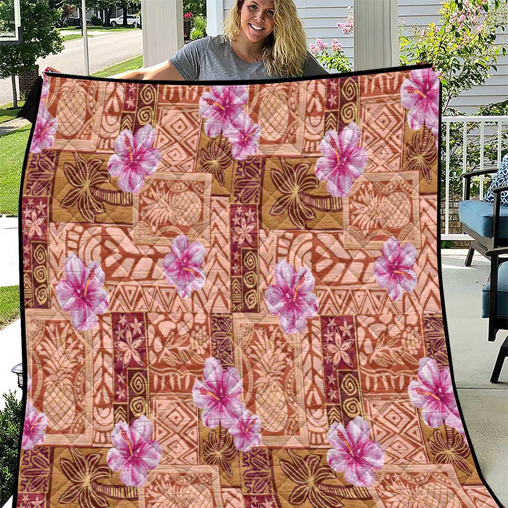 Orange Hawaii Hibiscus With Tropical Flowers Motifs Quilt - Polynesian Pride