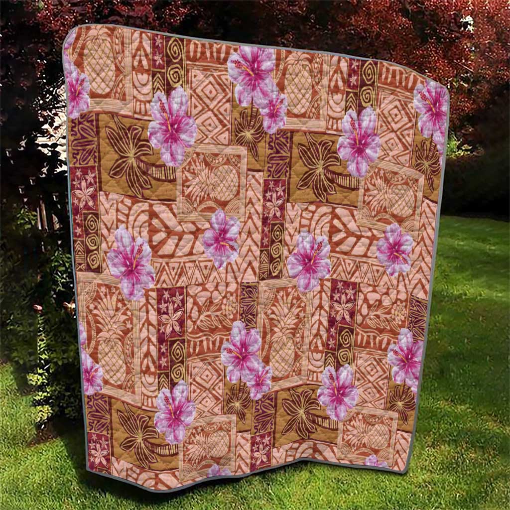 Orange Hawaii Hibiscus With Tropical Flowers Motifs Quilt - Polynesian Pride