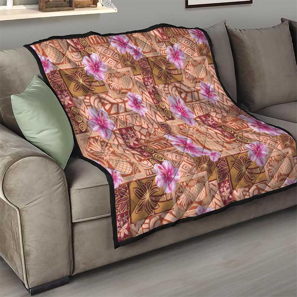 Orange Hawaii Hibiscus With Tropical Flowers Motifs Quilt - Polynesian Pride