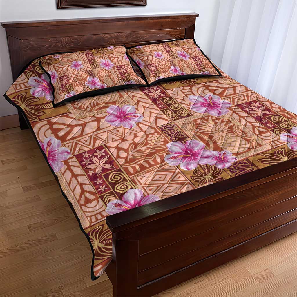 Orange Hawaii Hibiscus With Tropical Flowers Motifs Quilt Bed Set - Polynesian Pride
