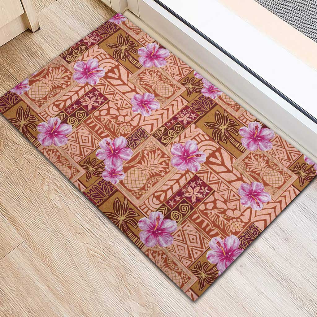 Orange Hawaii Hibiscus With Tropical Flowers Motifs Rubber Doormat - Polynesian Pride
