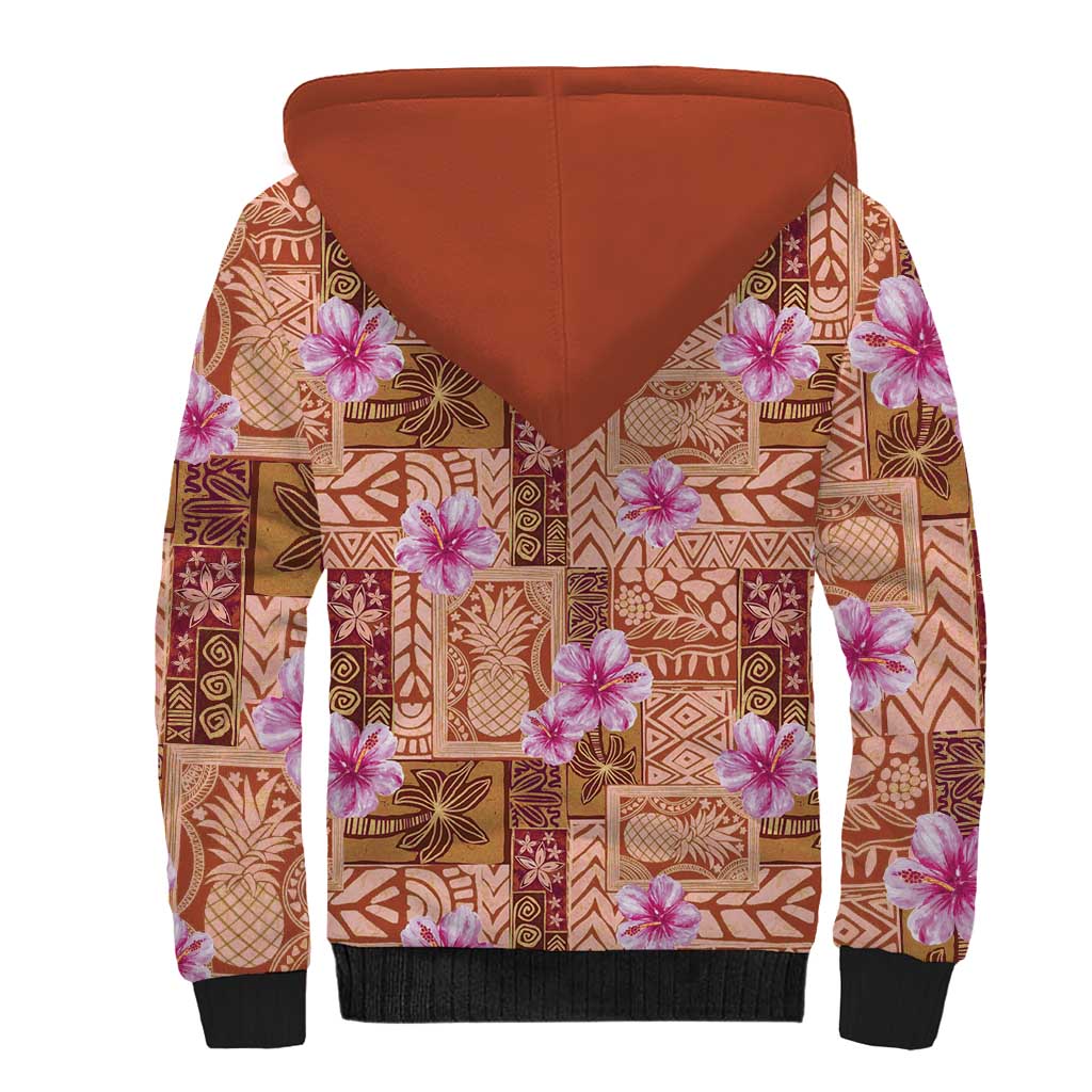 Orange Hawaii Hibiscus With Tropical Flowers Motifs Sherpa Hoodie - Polynesian Pride