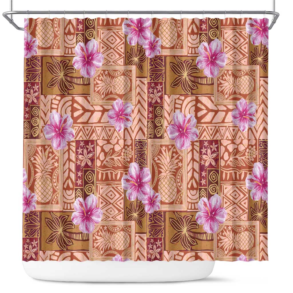 Orange Hawaii Hibiscus With Tropical Flowers Motifs Shower Curtain - Polynesian Pride