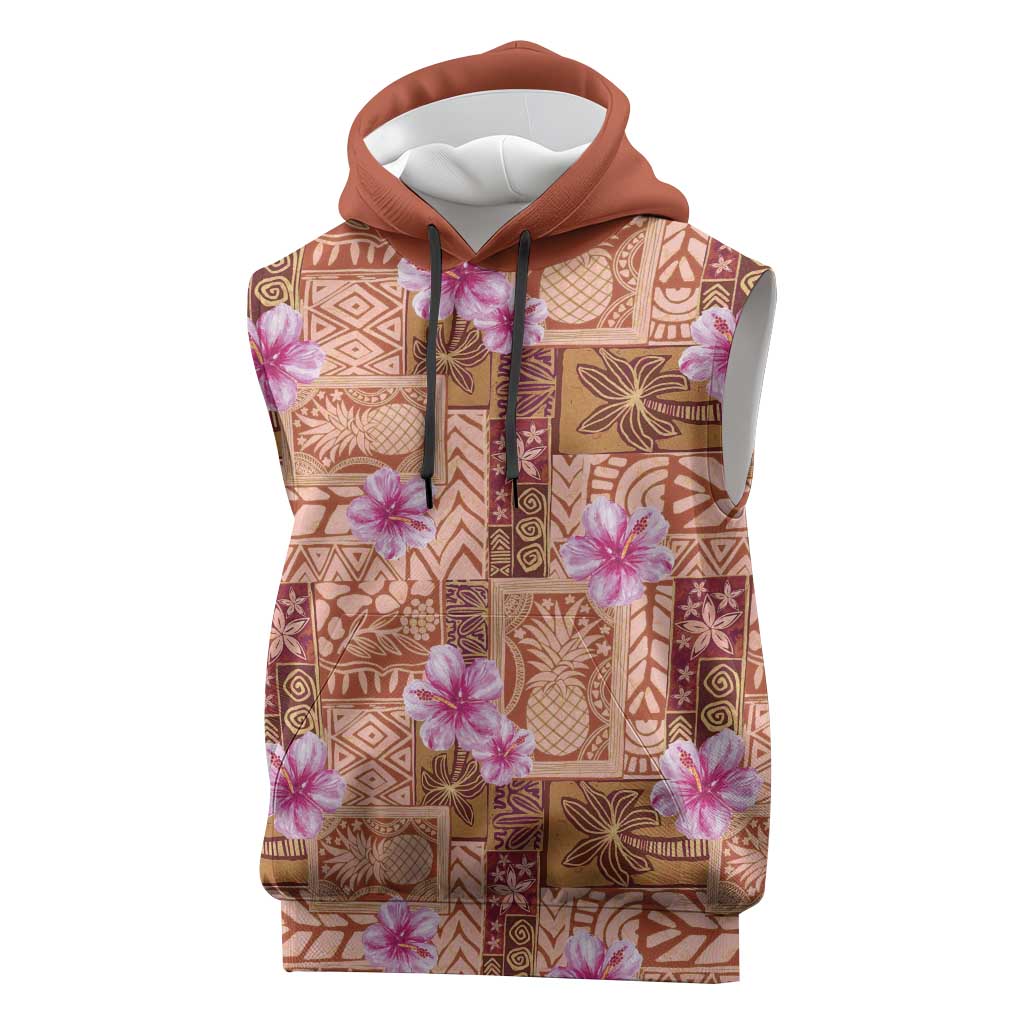 Orange Hawaii Hibiscus With Tropical Flowers Motifs Sleeveless Hoodie - Polynesian Pride