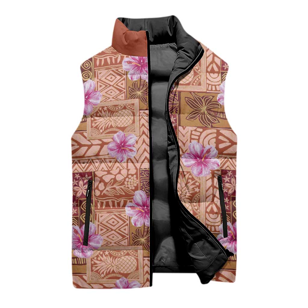 Orange Hawaii Hibiscus With Tropical Flowers Motifs Sleeveless Puffer Jacket - Polynesian Pride