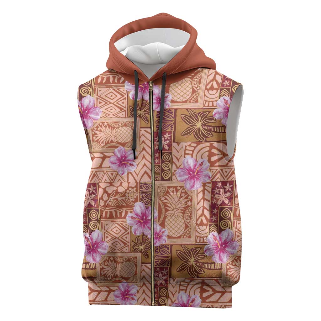 Orange Hawaii Hibiscus With Tropical Flowers Motifs Sleeveless Zip Hoodie - Polynesian Pride
