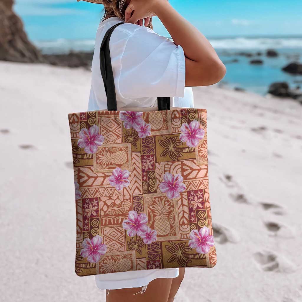 Orange Hawaii Hibiscus With Tropical Flowers Motifs Tote Bag LT14 - Polynesian Pride