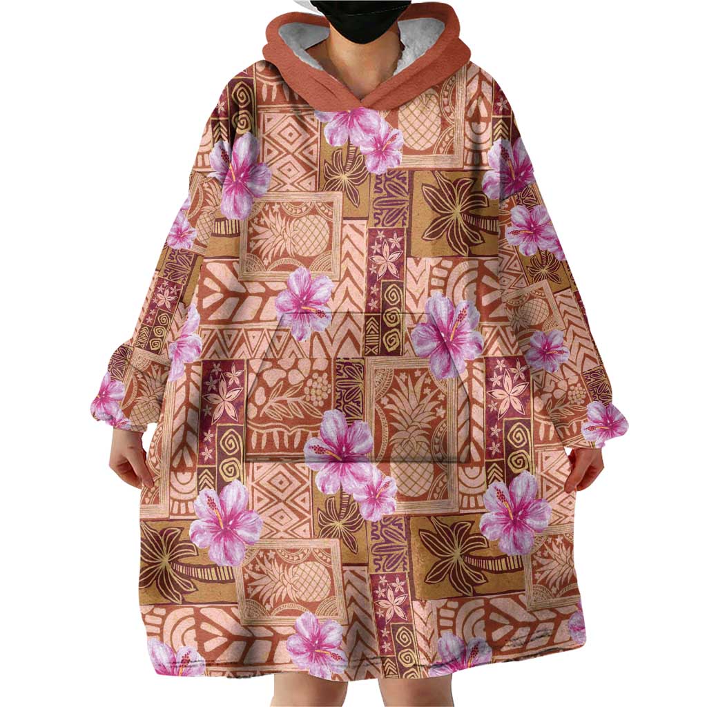 Orange Hawaii Hibiscus With Tropical Flowers Motifs Wearable Blanket Hoodie - Polynesian Pride