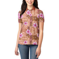 Orange Hawaii Hibiscus With Tropical Flowers Motifs Women Polo Shirt - Polynesian Pride