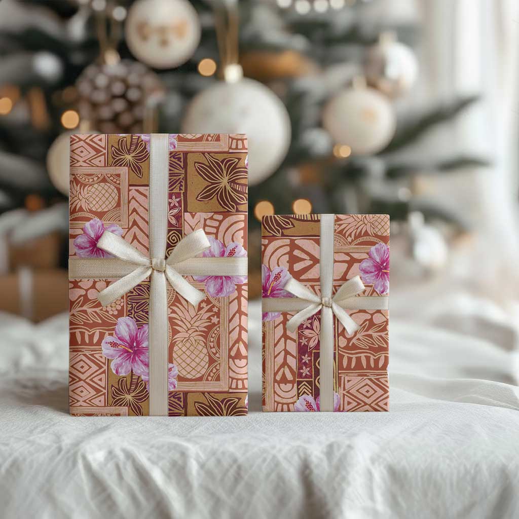 Orange Hawaii Hibiscus With Tropical Flowers Motifs Wrapping Paper - Polynesian Pride