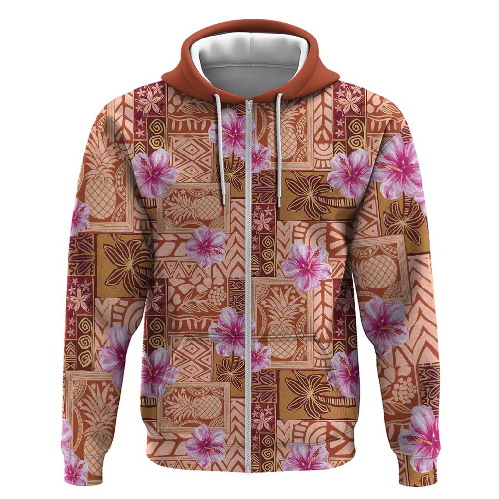 Orange Hawaii Hibiscus With Tropical Flowers Motifs Zip Hoodie - Polynesian Pride