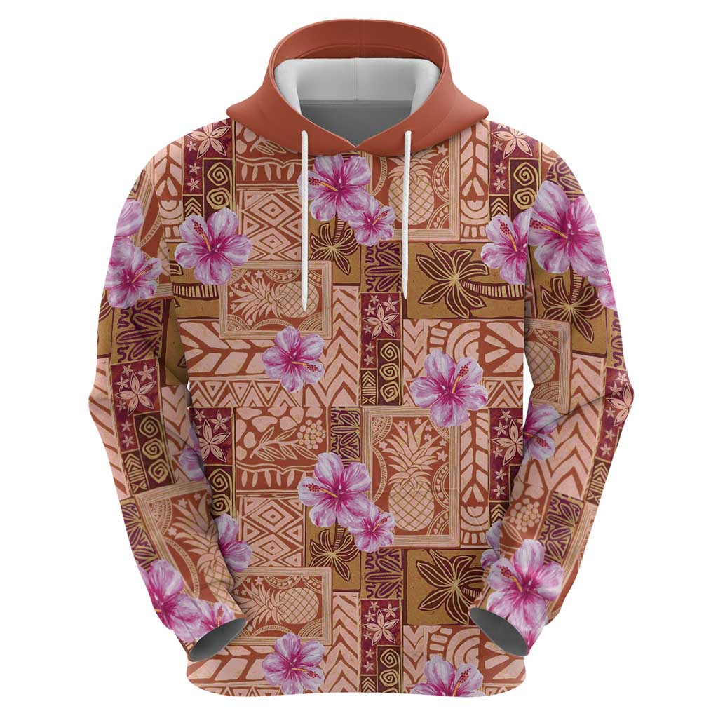 Orange Hawaii Hibiscus With Tropical Flowers Motifs Zip Hoodie - Polynesian Pride