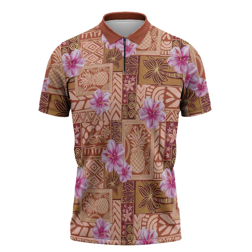 Orange Hawaii Hibiscus With Tropical Flowers Motifs Zipper Polo Shirt LT14 Orange - Polynesian Pride