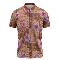 Orange Hawaii Hibiscus With Tropical Flowers Motifs Zipper Polo Shirt LT14 Orange - Polynesian Pride