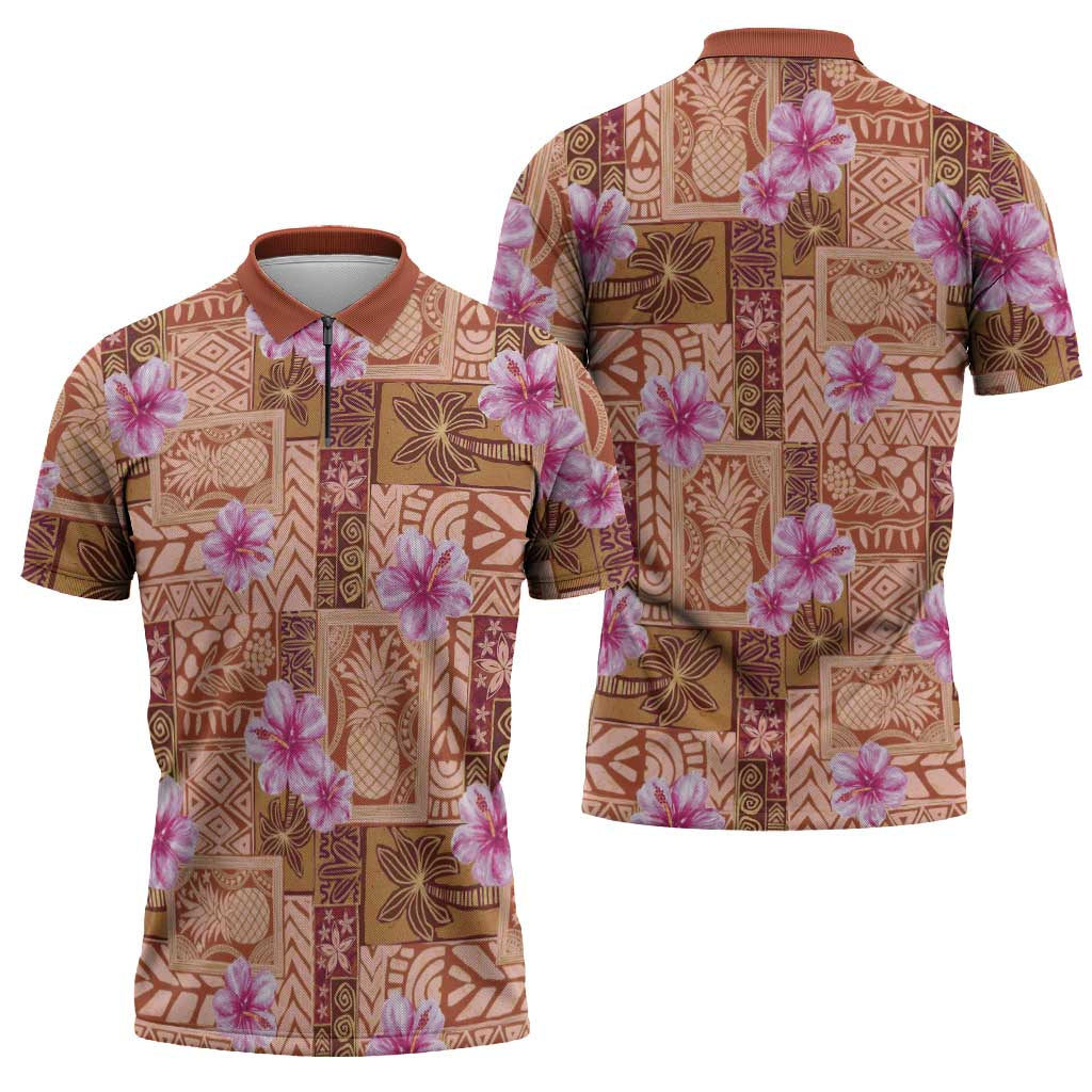 Orange Hawaii Hibiscus With Tropical Flowers Motifs Zipper Polo Shirt LT14 - Polynesian Pride