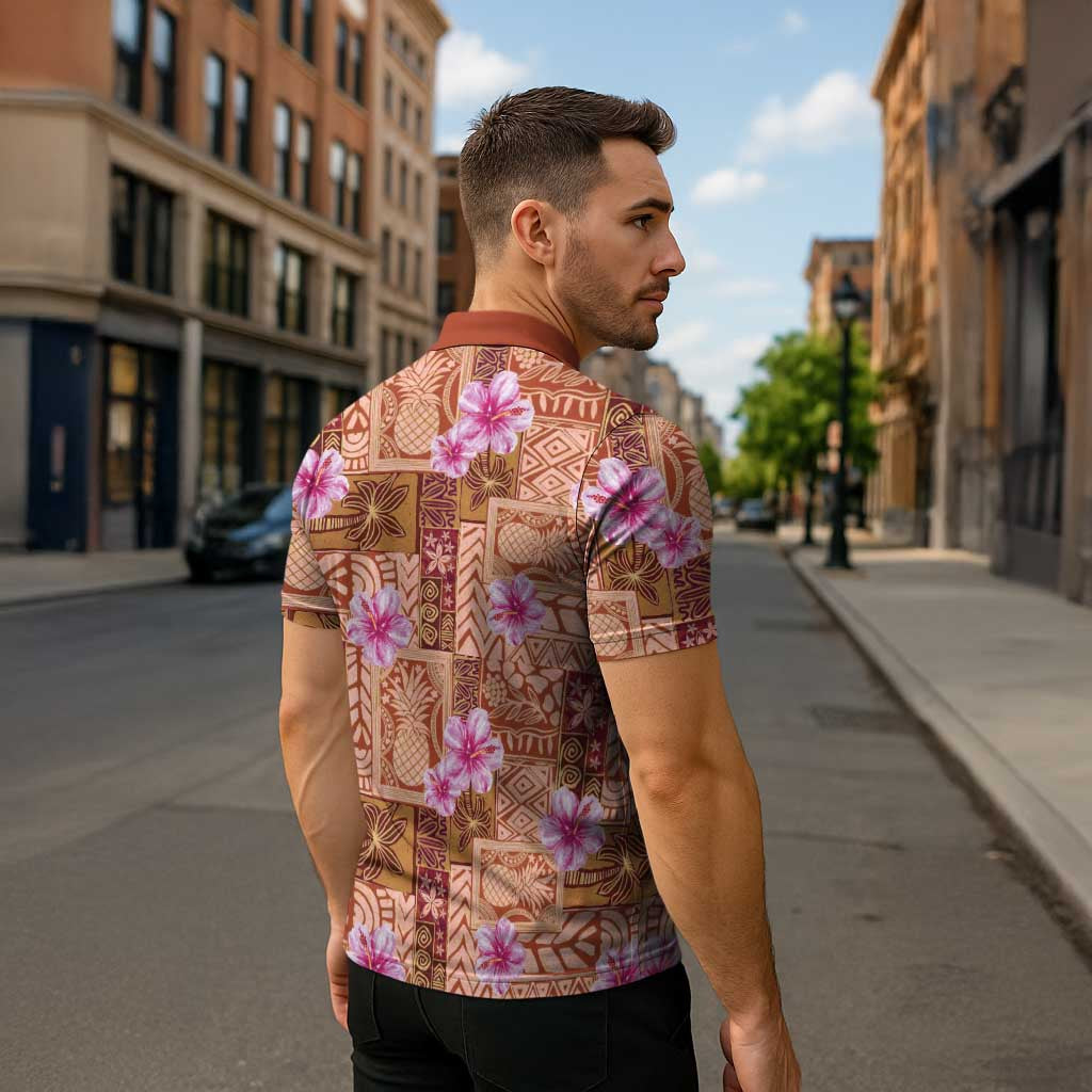 Orange Hawaii Hibiscus With Tropical Flowers Motifs Zipper Polo Shirt LT14 - Polynesian Pride