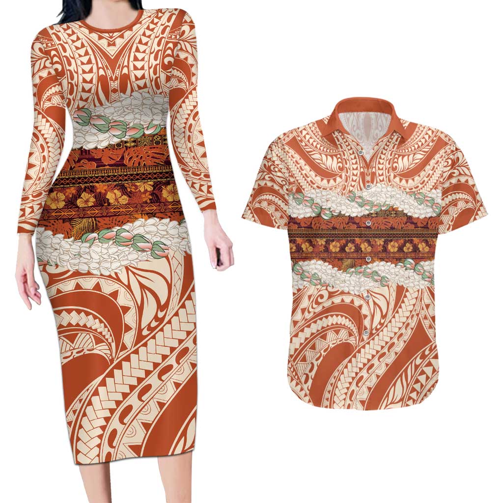 Aloha Hawaii Mikioi Lei Couples Matching Long Sleeve Bodycon Dress and Hawaiian Shirt Beige Tropical Flower Pattern - Polynesian Pride