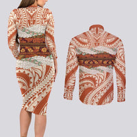 Aloha Hawaii Mikioi Lei Couples Matching Long Sleeve Bodycon Dress and Long Sleeve Button Shirt Beige Tropical Flower Pattern - Polynesian Pride